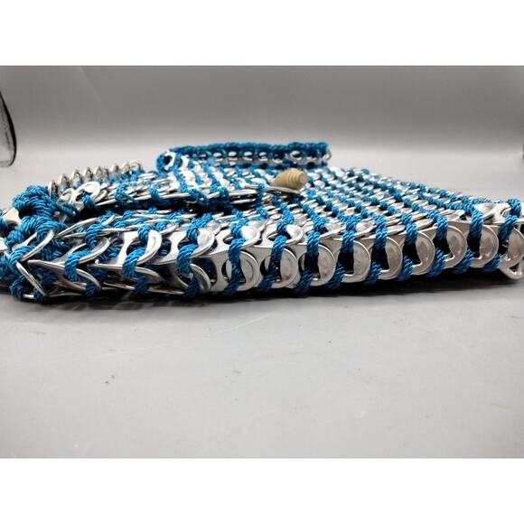 Macrame Aluminum Can Pull Tab Shoulder Bag Purse Round Teal Blue Pop Art Recycle - Picture 6 of 10